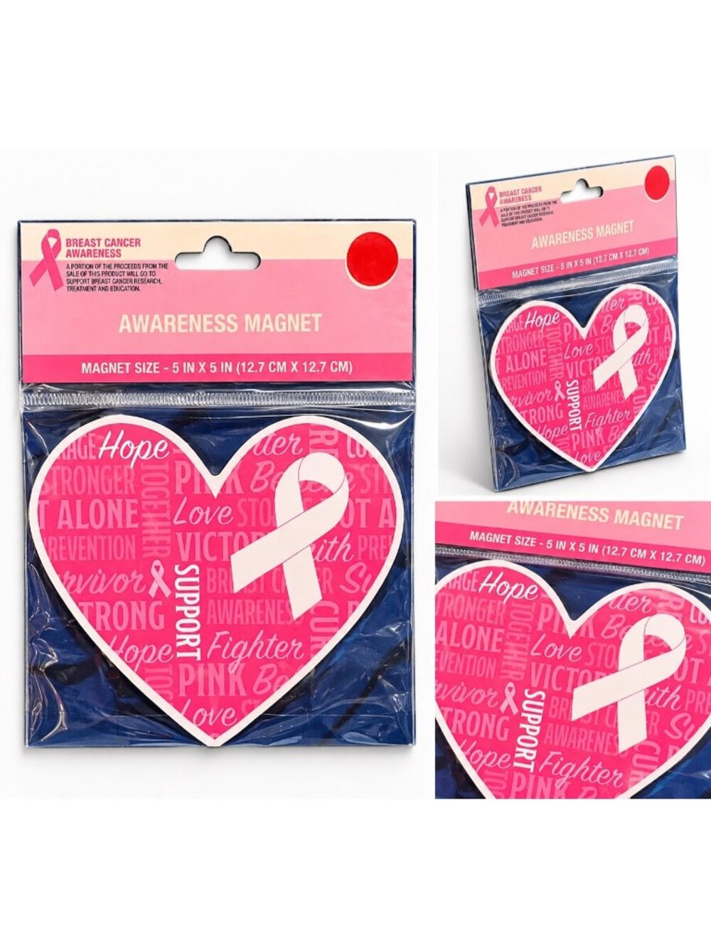 Breast Cancer Awareness Magnet – Pink Ribbon Heart – 5” x 5”
